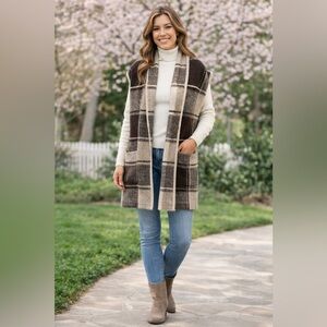 Nicole Miller New York Plaid Sleeveless Sweater Vest Longline Cardigan M